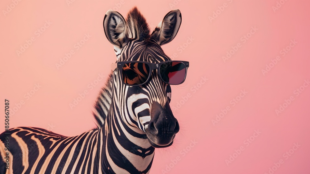 Zebra with sunglasses isolated on solid pastel background, commercial, editorial advertisement, surreal surrealism Zebra with sunglasses isolated on solid pastel background, commercial, editorial advertisement, surreal surrealism