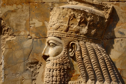 Closeup of a carved stone lamassu, a protective deity in persian mythology photo