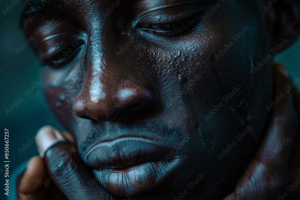 Closeup image capturing the raw emotion of a tearful man's face, conveying depth and vulnerability Closeup image capturing the raw emotion of a tearful man's face, conveying depth and vulnerability
