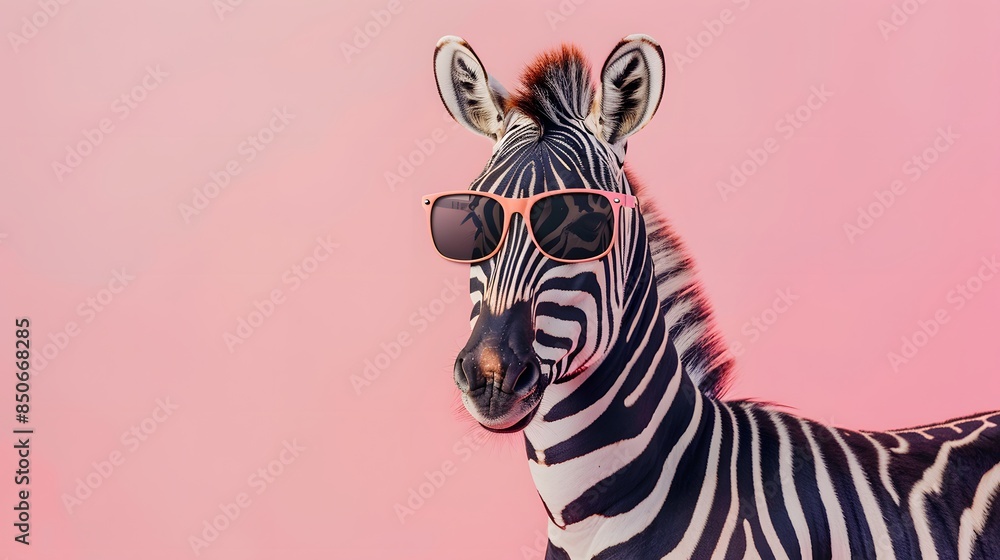 Zebra with sunglasses isolated on solid pastel background, commercial, editorial advertisement, surreal surrealism Zebra with sunglasses isolated on solid pastel background, commercial, editorial advertisement, surreal surrealism