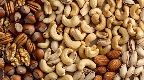 Assorted Mixed Nuts Including Cashews, Almonds, Walnuts, and Pistachios on a White Background