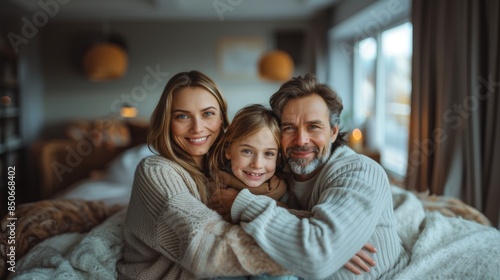 Portrait of Happy Family Embracing Together on Cozy Sofa