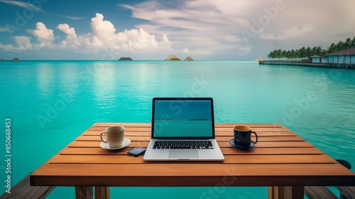Remote work setup on a dock with turquoise water. © Muzamil