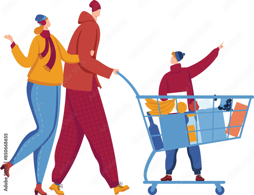 Obraz premium Family shopping winter season cartoon characters. Woman gesturing talking man shopping cart child pointing. Grocery store trip parents kid winter clothes