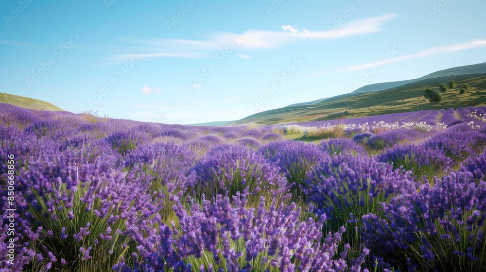 Obraz premium /imagine A picturesque valley filled with lavender fields in full bloom, the vibrant purple flowers stretching to the horizon under a cloudless, blue sky.