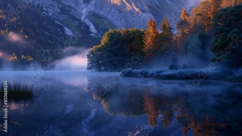 /imagine A serene lakeside scene at dawn, with mist rising from the water and the first light of day illuminating the surrounding trees and mountains. The stillness of the lake creates a per photo