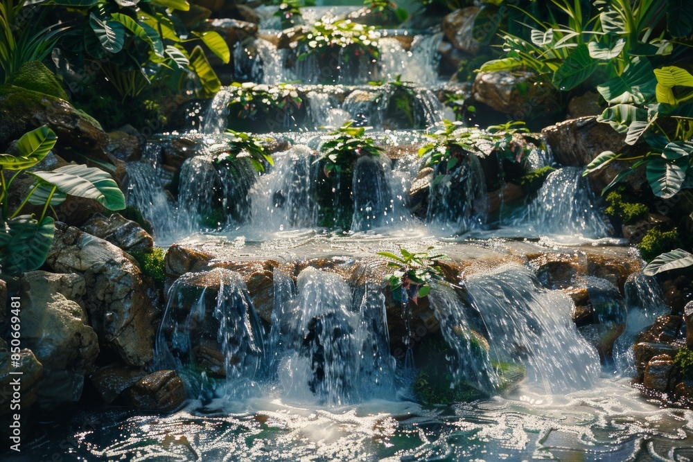 Obraz premium A close-up of a waterfall inside a dense forest, with lush greenery surrounding the flowing water. Ideal for themes of nature, adventure, and serenity, enhanced by AI Generative.