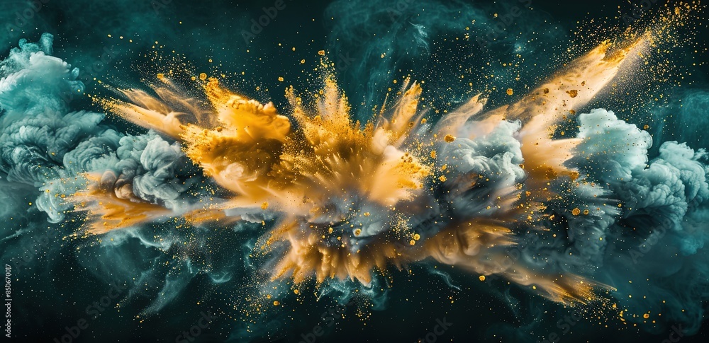 Fototapeta premium Yellow and gray powder thrown in the air on an abstract black background