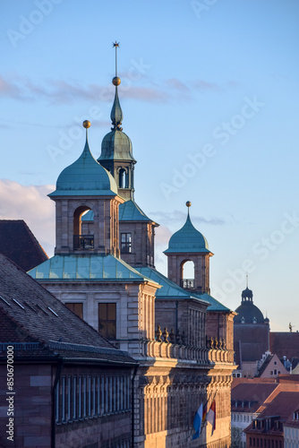 Top cityscape view from the castle hill on the old town with cathedral in Nurnberg, Germany