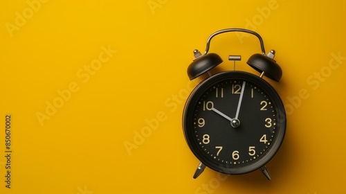 Classic black alarm clock with yellow background, symbolizing time management and punctuality.