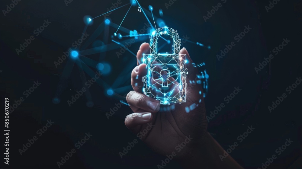 Digital Security - Hand Holding a Holographic Lock Digital Security - Hand Holding a Holographic Lock