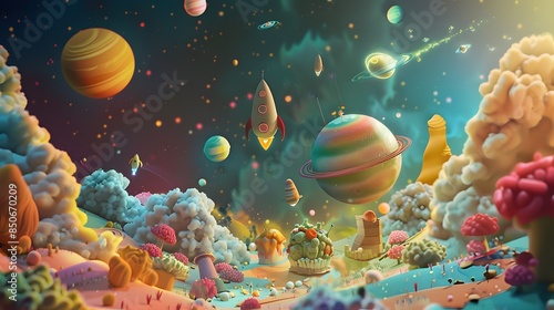 Cartoon-Style Space Travel, Fantasy Fairy Tale Concept