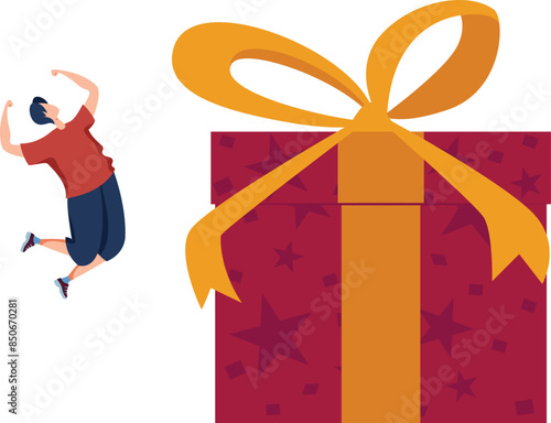 Man excited grand gift present surprise celebration. Jumping joy ecstatic huge box ribbon astonishment. Excited person large red gift celebration happiness