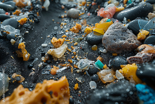 Close-up view of microplastic debris mixed with natural sediment, showcasing ecological disruption
