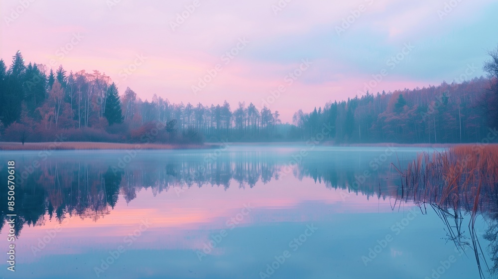 Fototapeta premium /imagine A tranquil scene of a calm lake at dusk, with the water reflecting the pastel colors of the sunset and the surrounding forest creating a perfect mirror image.