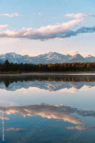 Serene Mountain Lake at Sunrise: Perfect Reflections Captured with Sony Alpha 7R IV & 16-35mm f/2.8 GM Lens © tantawat