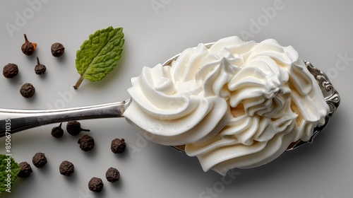 Spoon with Delicious Whipped Sour Cream Garnished with Mint Leaves and Peppercorns photo