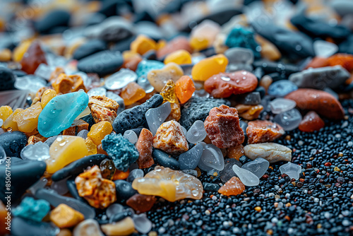 Close-up view of microplastic debris mixed with natural sediment, showcasing ecological disruption