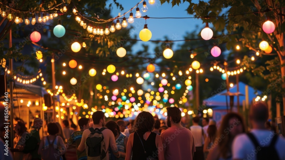 A lively festival set against a backdrop of solarpowered streetlights creating a sustainable ambiance. A lively festival set against a backdrop of solarpowered streetlights creating a sustainable ambiance.