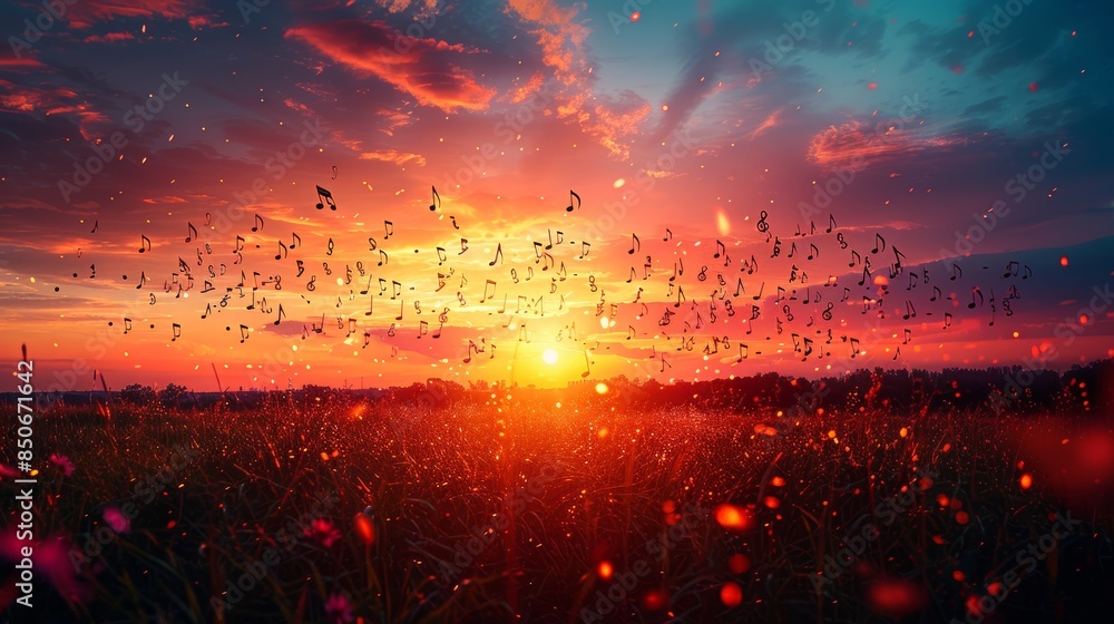 Musical Notes Flowing Over a Beautiful Sunset in a Serene Field Musical Notes Flowing Over a Beautiful Sunset in a Serene Field