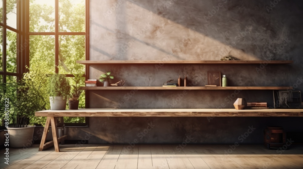 Minimalist wooden bench in empty room Minimalist wooden bench in empty room