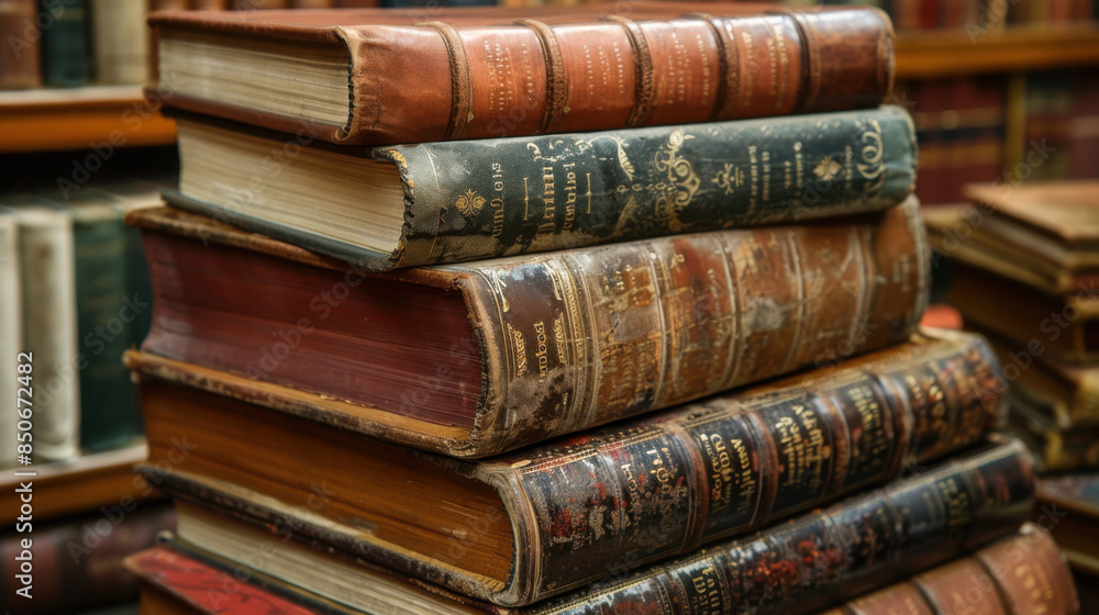 Close-up of a stack of antique, leather-bound books in a library, showcasing their aged and worn appearance. Close-up of a stack of antique, leather-bound books in a library, showcasing their aged and worn appearance.