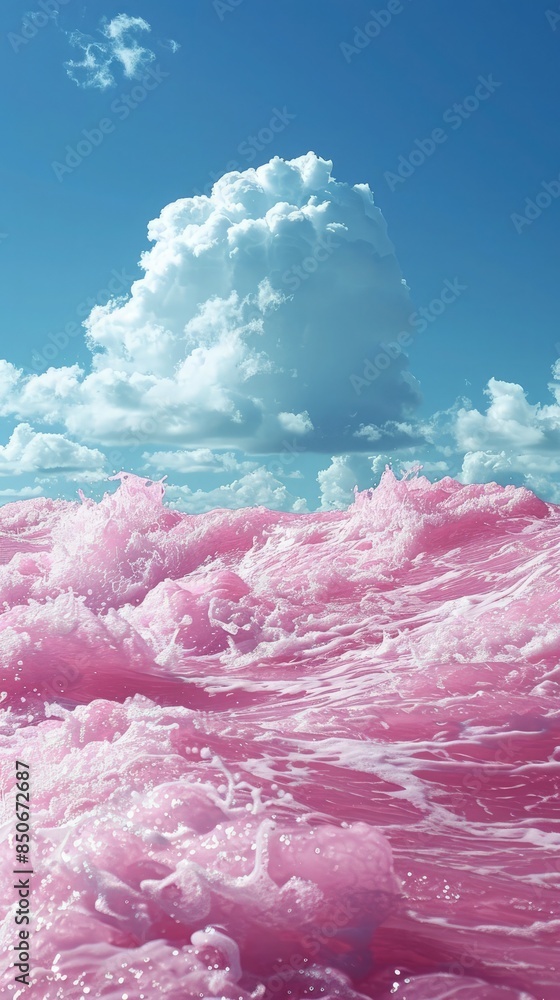 Fototapeta premium Soft Pink Waves Breaking Along the Coastline. Pink Beach Background
