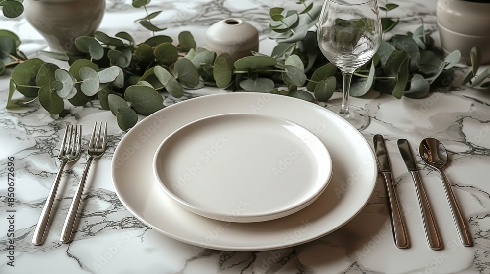 Elegant Table Setting with White Cutlery and Eucalyptus Leaves on Marble Surface Elegant Table Setting with White Cutlery and Eucalyptus Leaves on Marble Surface