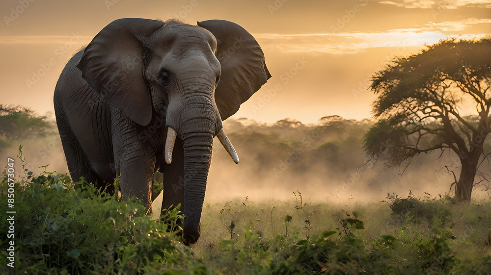 Obraz premium a majestic elephant in a protected wildlife reserve, with lush greenery and a soft sunrise in the background, symbolizing the beauty and importance of conservation efforts