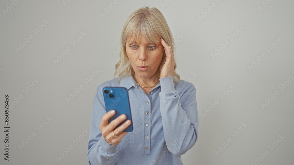 A surprised blonde woman in a blue shirt reacts to content on her smartphone against a white background. A surprised blonde woman in a blue shirt reacts to content on her smartphone against a white background.
