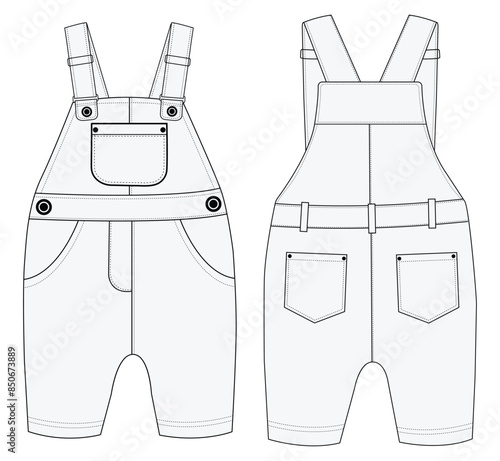 Infant Baby dungaree fashion flat sketch With template boys and girls dungaree	
