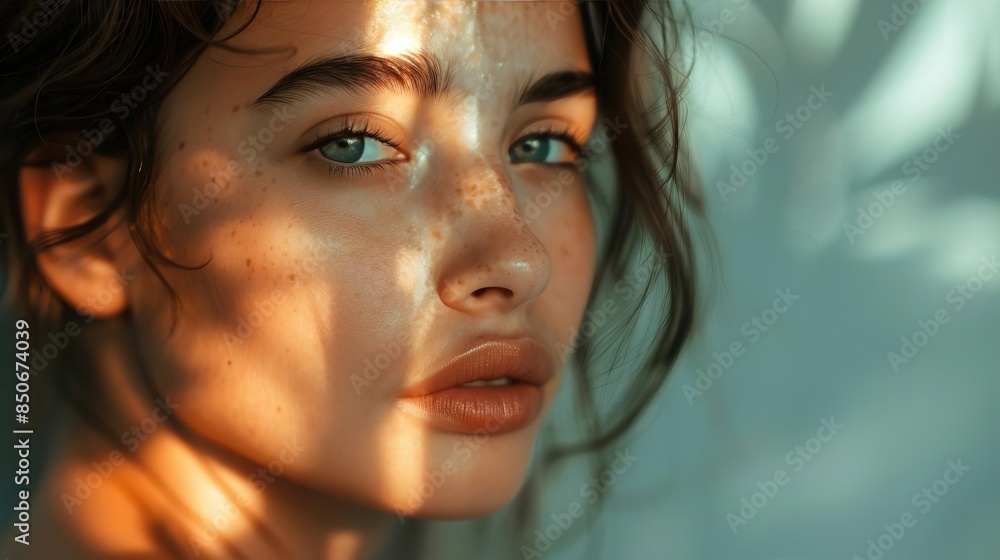 A woman with flawless, glowing skin and a gentle expression is illuminated by soft light The image offers ample copy space, making it perfect for beauty and skincare advertisements A woman with flawless, glowing skin and a gentle expression is illuminated by soft light The image offers ample copy space, making it perfect for beauty and skincare advertisements