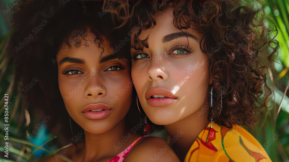 Close-up portrait of two beautiful women with curly hair, posing together in a lush outdoor setting, showcasing their natural beauty. Close-up portrait of two beautiful women with curly hair, posing together in a lush outdoor setting, showcasing their natural beauty.