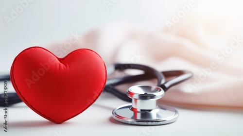 A stethoscope with a red heart symbolizes heart health, medical care, and healthcare services, ensuring wellbeing. Heart Health and Medical Equipment. Copy space.