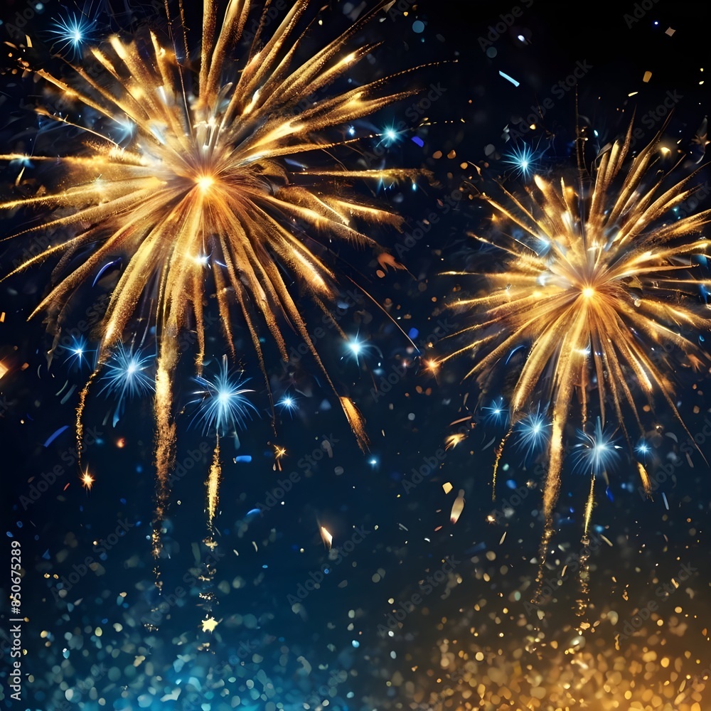Obraz premium abstract gold, black and blue glitter background with fireworks. christmas eve, 4th of july holiday concept Generative AI 