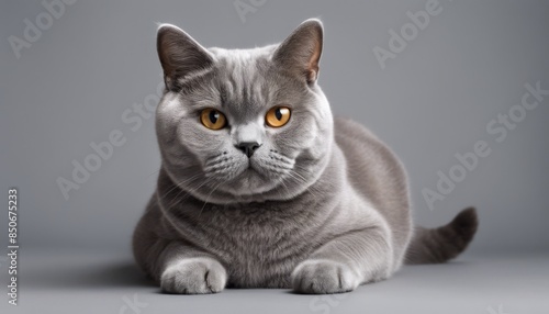 A grey cat with yellow eyes is laying on a grey surface