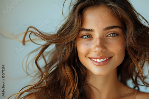 Portrait of a young woman with wavy hair and a radiant smile, exuding natural beauty and confidence. Ideal for themes of beauty, health, and lifestyle.