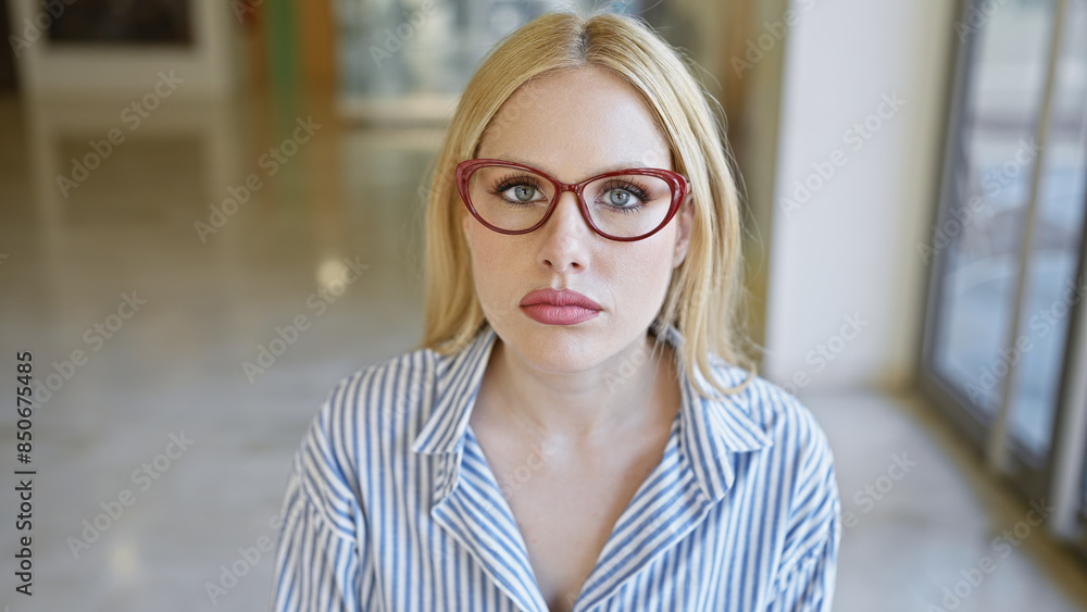 Portrait of a pensive young adult woman with blonde hair and red glasses standing indoors, gazing forward. Portrait of a pensive young adult woman with blonde hair and red glasses standing indoors, gazing forward.