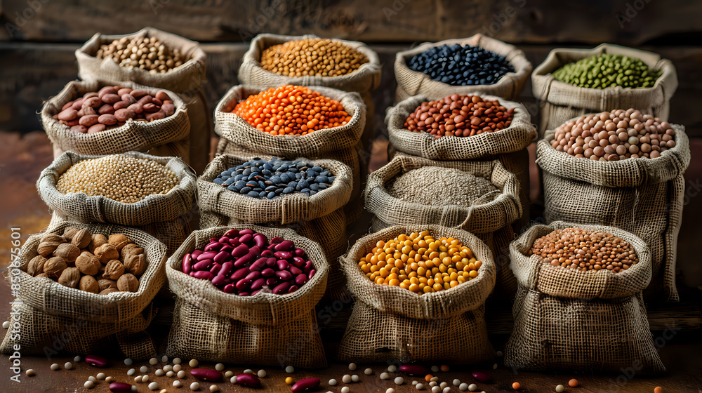 Variety of legumes and grains in burlap sacks, showcasing their natural colors and textures. Ideal for food photography, nutrition, and culinary themes. Variety of legumes and grains in burlap sacks, showcasing their natural colors and textures. Ideal for food photography, nutrition, and culinary themes.