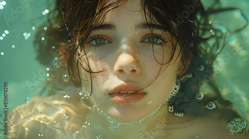 Close-up portrait of a woman partially submerged in water, capturing her serene expression and the interplay of light and water. Ideal for portrait photography, artistic projects, and beauty themes.