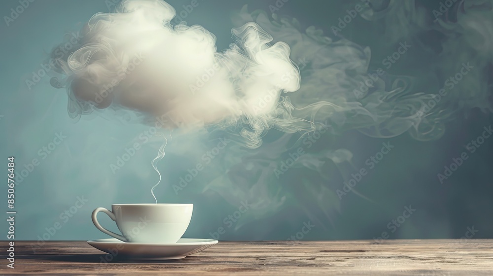 Coffee cup hovering with steam creating fluffy clouds, against a minimalist setting Coffee cup hovering with steam creating fluffy clouds, against a minimalist setting