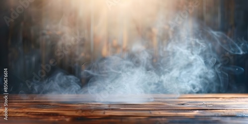 Smoke rising from wooden table illustrating fire hazards or smoking dangers indoors. Concept Fire Hazards, Smoking Dangers, Indoor Safety, Wooden Table, Smoke Illustration