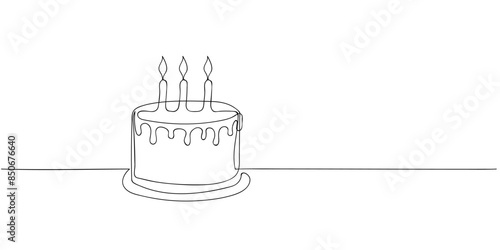 Continuous one line drawing of birthday cake with candles. Symbol of sweet celebration torte and pastry confectionery icon concept in simple linear style. Vector illustration in flat style
