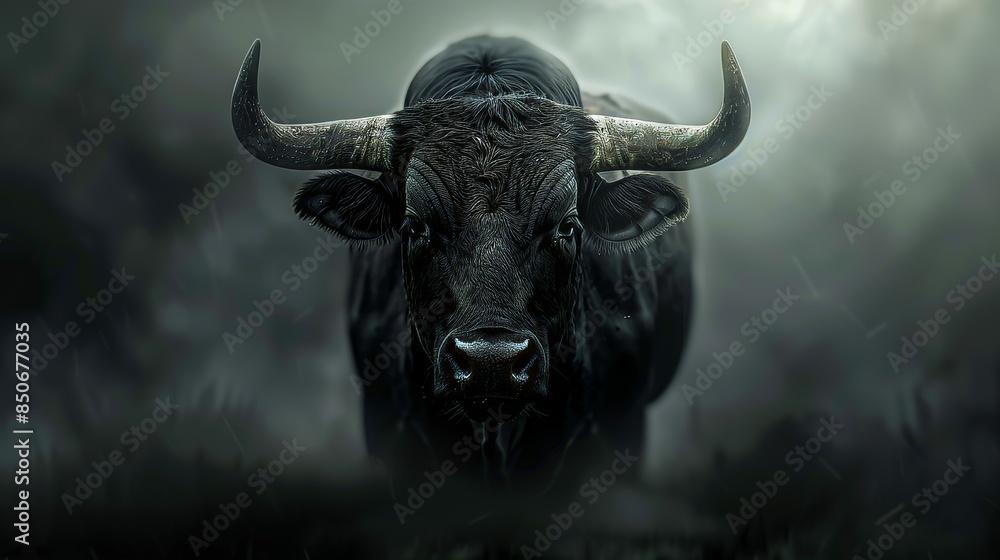 Naklejka premium Black Bull Looking Directly at the Camera in a Misty Dark Setting