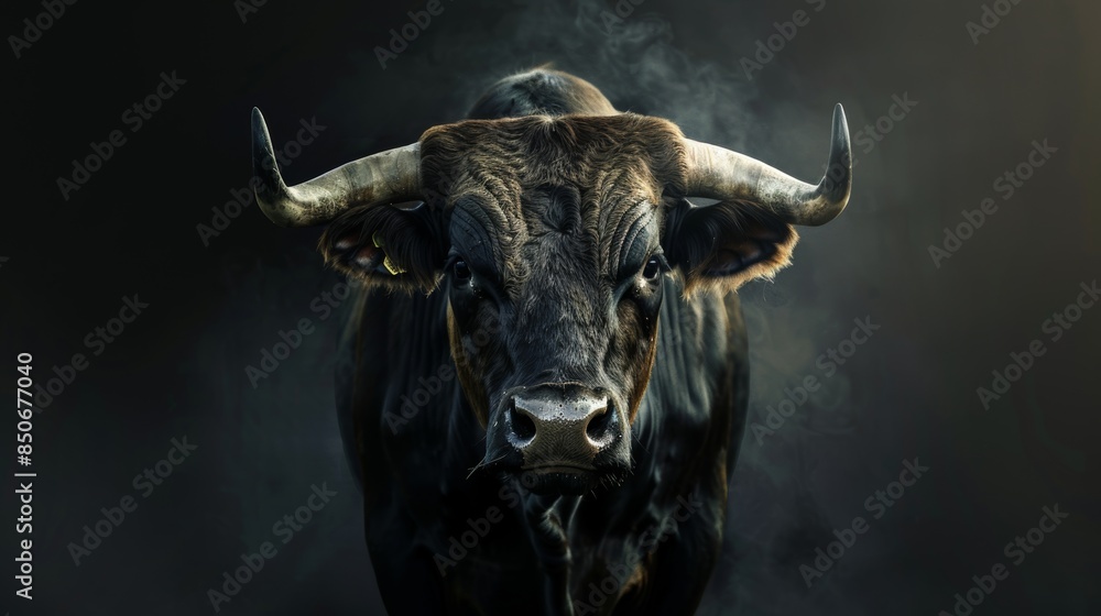 Black Bull Looking Directly at the Camera in a Misty Dark Setting Black Bull Looking Directly at the Camera in a Misty Dark Setting