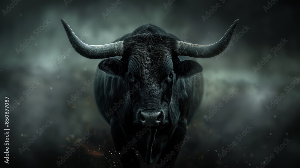 Black Bull Looking Directly at the Camera in a Misty Dark Setting Black Bull Looking Directly at the Camera in a Misty Dark Setting