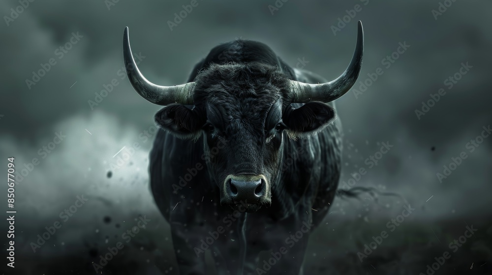 Naklejka premium Black Bull Looking Directly at the Camera in a Misty Dark Setting