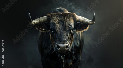 Black Bull Looking Directly at the Camera in a Misty Dark Setting