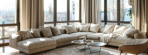 The living room is elegantly designed  bright and comfortable  with a large corner sofa. and large windows