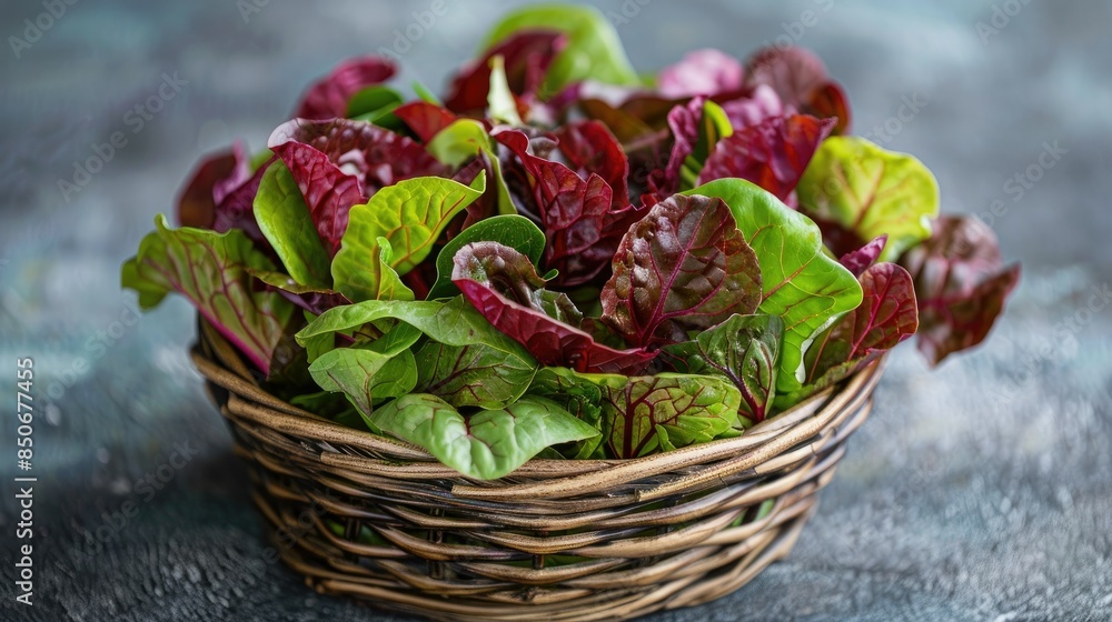 Fresh red salad greens in a basket, ready for a healthy meal Fresh red salad greens in a basket, ready for a healthy meal